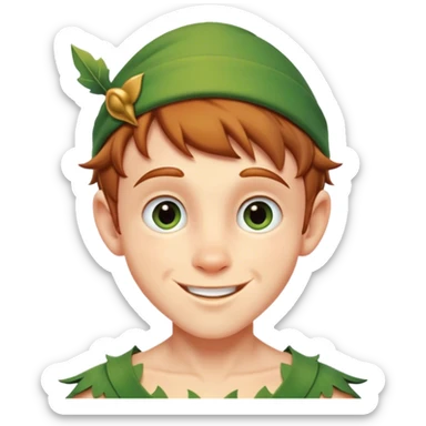 Cinematic Realistic Peter Pan Portrait, head tilted playfully and inquisitively, capturing his mischievous smile and twinkling eyes. The intricacies of his whimsical attire and the soft interplay of natural light bring to life his adventurous energy and childlike charm with a hint of daring strength. sticker