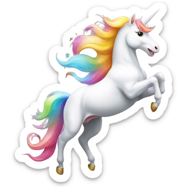 A happy, white unicorn with a colorful mane and tail, in a mid-leap pose, leaving a trail of sparkling rainbows behind. sticker