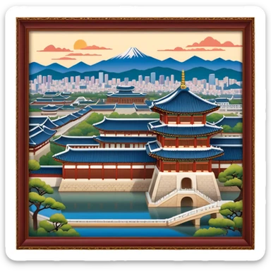 Cinematic Realistic Gyeongbokgung Palace Landmark Emoji, rendered with traditional Korean architecture, ornate wooden carvings, and vibrant colors, set against the backdrop of modern Seoul with soft evening light. sticker