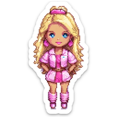 Barbie character with iconic blonde hair and pink outfit, bright colors, pixel art style, simple background sticker
