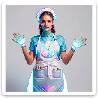 Portrait of a futuristic baker in skeuomorphism style, same pose and lighting as previous levels, wearing a translucent apron with holographic patterns, glowing hologram interface floating around hands, holding a digital whisk made of light beams, subtle neon reflections on face and clothes sticker