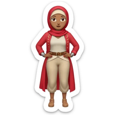 Heavy-set woman with medium-brown skin wearing a light red hijab, cream top, light red pants, tan shoes, and a visible gray pirate peg leg. Standing confidently with one hand on her hip sticker