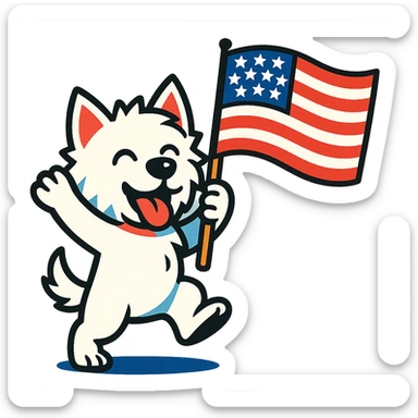 white Westie dog joyfully waving a United States flag, sense of celebration, vibrant toon style sticker