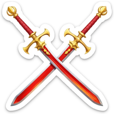 Two crossed swords that are golden in blade and handle and have fiery and royal appearence to them as well as red gem stones yellow in color sticker