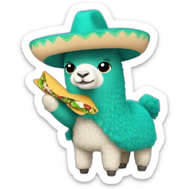 teal alpaca with sombrero eating a burrito sticker