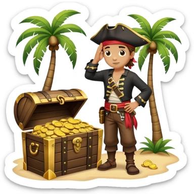 kid pirate with hand on forehead looking for something, one foot on treasure chest, palm trees in background sticker