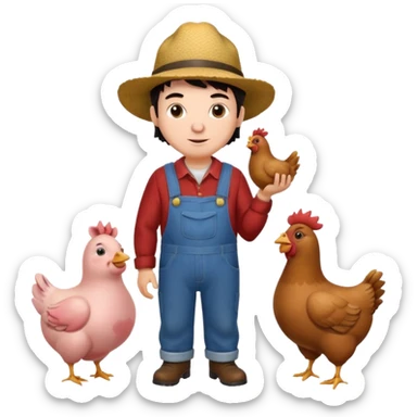 UN HOMBRE VESTIDO DE GRANJERO PIEL CLARA Y PELO OSCURO CON UNA GALLINA UN CERDO Y UNA VACA ALREDEDOR sticker