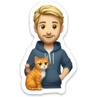 early 30s Caucasian male with dirty blonde shoulder length hair wearing a hoodie holding an orange cat ￼ sticker