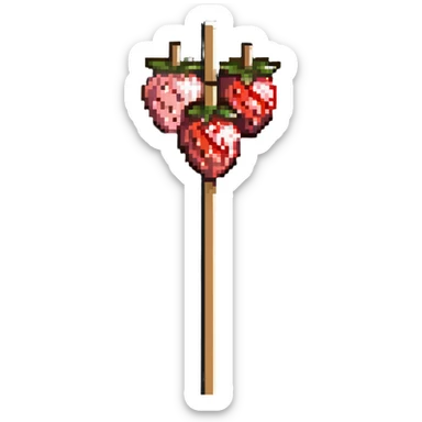 wooden skewer with three strawberries coated in shiny sugar glaze sticker