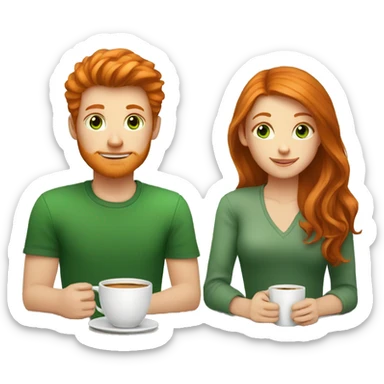 ginger hair girl and brown eyes and brunette boy with green eyes having a coffe sticker