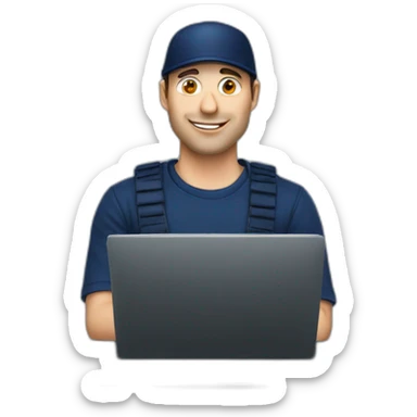 european guy wearing navy cap using laptop sticker