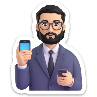polished standing pose of professional man with medium black beard, black hair styled and combed to one side, connected unibrow, olive tan skin, brown eyes, glasses, prominent nose, dressed in formal black jacket, prominently displaying mobile phone in hand sticker