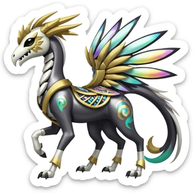 Colorful Shiny Tribal Skeletal masked armored Meloetta-Silvally-Solgaleo-Raikou-Pokémon-Digimon-Fakémon-fusion-hybrid-creature, full body sticker