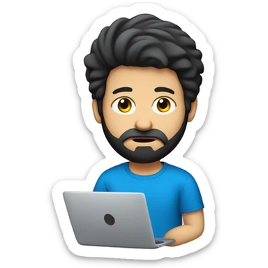 white guy with beard black hair big nose thin face typing in laptop wearing blue t-shirt sticker