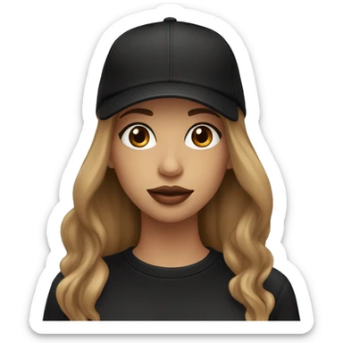 A beautiful woman wearing a black cap and black sweatshirt, big lips, brown straight long hair.  sticker