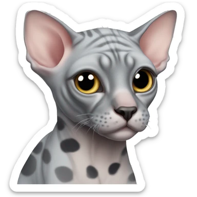 A chubby gray sphynx cat with black spots sticker