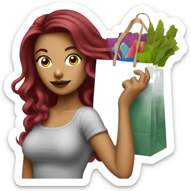 Beautiful tattooed burgundy long haired woman carrying a lot of shopping bags sticker