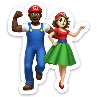 Black man with giant Mario costume head dancing with brunette girl sticker
