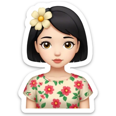 cute young girl, with short black hair and flower blouse sticker