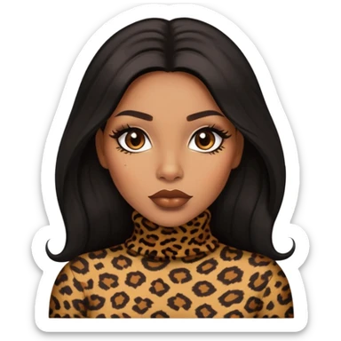 light brown skin tone, very beautiful woman, with big plump lips, long long lashes, black straight long hair, brown eyes, leopard turtle neck sticker
