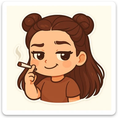 Create a chibi sticker of a girl with double bun hairstyle, same face and clothes as previous stickers, holding a cigarette with a smug and confident facial expression. sticker