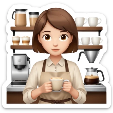 cute girl with short brown hair, wearing a beige barista apron over a white blouse, holding a coffee cup with latte art, faceless design sticker