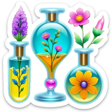 Epoxy resin art icon, jewelry and decorative items made with fluorescent epoxy resin, glowing effect on the resin, finished resin jewelry with dried flowers embedded inside, visible tubes of resin with bright colors, mixing tools, and molds, minimalistic style, clean lines, transparent background sticker