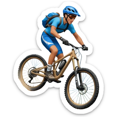 A thrilling downhill mountain biking scene! A rider in full gear speeds down a steep rocky trail, kicking up dust. The rugged mountain landscape surrounds them, with towering peaks, evergreen trees, and a bright blue sky. The rush of adventure is in the air. Transparent background. sticker