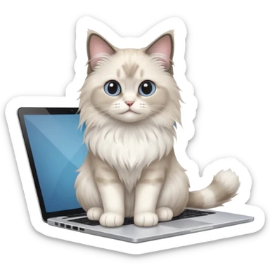 Cute ragdoll cat on a laptop. Should sit on top of the laptop, cat is way bigger than the laptop. Could walk on the laptop or sit. I liked the first one but remove the blue on the cat, Please make the brown parts light grey sticker