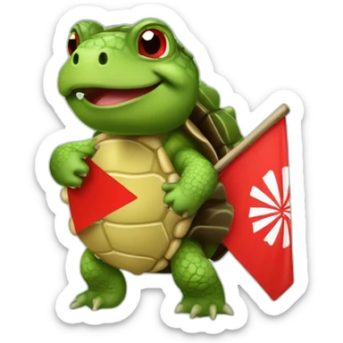 A cute green little snapping turtle with a red warning flag sticker