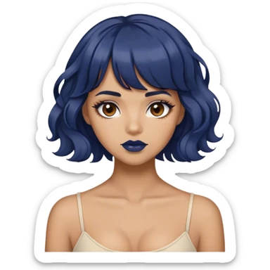 tan girl with dark blue wavy hair, bangs, dark brown lip liner and dark brown eyes  sticker