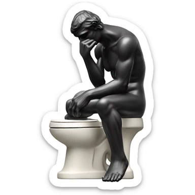rodin sculpture the thinker but sitting on a toilet sticker