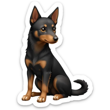 cinematic-[australian kelpie]-detailed realistic-full-body-sitting-emoji,-tail-resting-loosely-beside-its-paws,-head-tilted-dramatically, -sleek-[Black and tan]-fur,-simplified-yet-realistic-focused-features,-highly-detailed,-glowing-with-an-almost-sarcastic-glow sticker