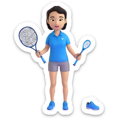 light brown skinned tennis coach, short straight black hair with widow's peak, oval face, small eyes, smiling, holding blue Yonex racket, wearing navy blue dry fit shirt sticker
