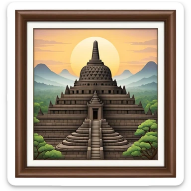 Cinematic Realistic Borobudur Landmark Emoji, showcasing the majestic ancient Buddhist temple rendered with intricate textures and serene, historic lighting. sticker