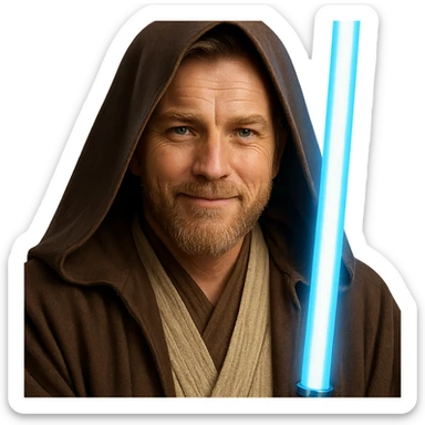 Obi-Wan Kenobi, close-up, gentle smile, Jedi hood up, blue lightsaber glow, Star Wars sticker