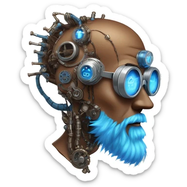 Brown cyborg head with blue Mohawk, blue beard, silver steampunk monocle goggles a smile and circuits sticker