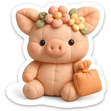 piglet with flower crown and gift bag, cushion style sticker