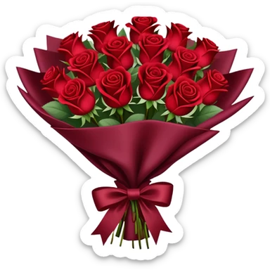 Bouquet of red roses in a burgundy package sticker