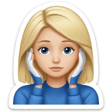Girl massaging her head with blonde hair with anti-dark circles patches dressed in a blue sweater sticker