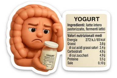 SU QUESTO STILE FAI UN EMOJI STILE IPHONE 3D DI UN INTESTINO CHE HA IN MANO UN BARATTOLO DI YOGURT CONFEZIONATO DA SUPERMERCATO E LEGGE L'ETICHETTA NUTRIZIONALE CON GLI INGREDIENTI IN ITALIANO, ACCANTO ALLO YOGURT CHE HA IN MANO C'è UN FOCUS SULL'ETICHETTA CON GLI INGREDIENTI SCRITTI, FAGLI UN ESPRESSIONE CONFUSA MENTRE LEGGE E FALLO MOLTO REALISTICO IN 3D sticker