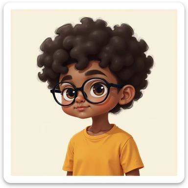 11 year old mixed-race boy with glasses and curly hair, realistic illustration style, neutral background sticker
