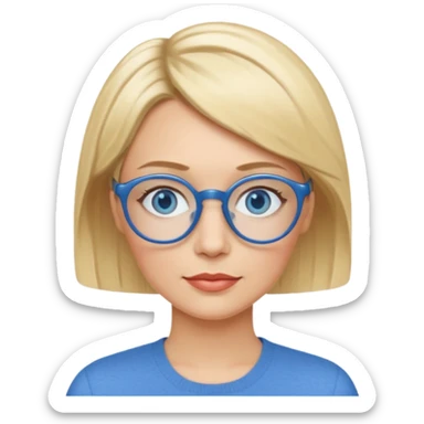 femme 40 ans cheveux extremement courts blond avec raie sur le coté, yeux bleu et lunettes rondes bleues sticker