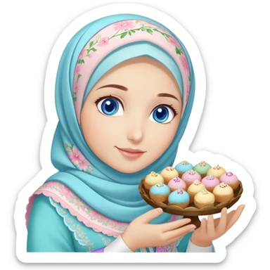 Turkish beautiful finish Konya girl blue eyes with pastel floral hijab islamic dress and had on her hand text Eid Mubarak with sweets and celebrating with her friends eid days   sticker