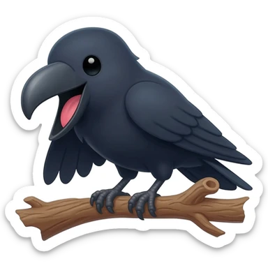 A raven perched on a branch, covering its beak with one wing to stifle a laugh. A TEE-HEE speech bubble and small cyan star icons float around it sticker