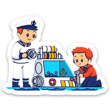 Marine geology process with sailor at winch and scientist analyzing ocean floor samples sticker