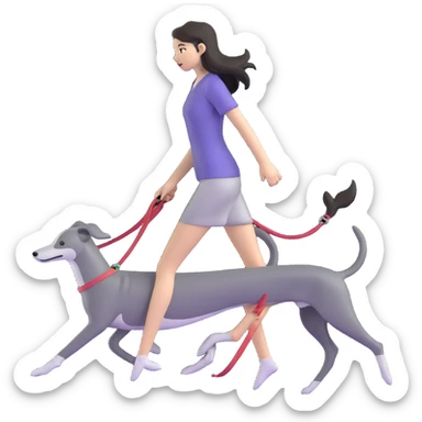Japanese girl with flowing hair walking a solid grey greyhound with no white markings sticker