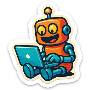 A funny robot using a laptop, bright colors, cartoonish and humorous. sticker