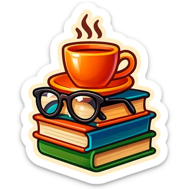 stack of books with a coffee cup and glasses on top, retro stickers style, clear outlines, strong shadows and highlights, fun and not too complex sticker