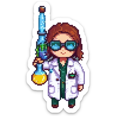 chemist in lab coat with chemical goggles holding a test tube, background with a board of chemical elements, pixel art style, no text sticker